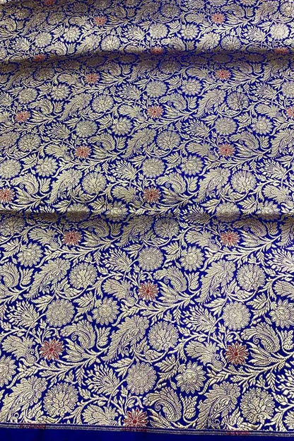 Exquisite Blue Banarasi Meenakari Pure Katan Silk Brocade Fabric ( 5 Mtr ) - Luxurion World