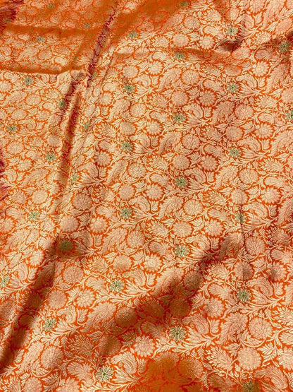 Exquisite Orange Banarasi Meenakari Pure Katan Silk Brocade Fabric ( 5 Mtr ) - Luxurion World