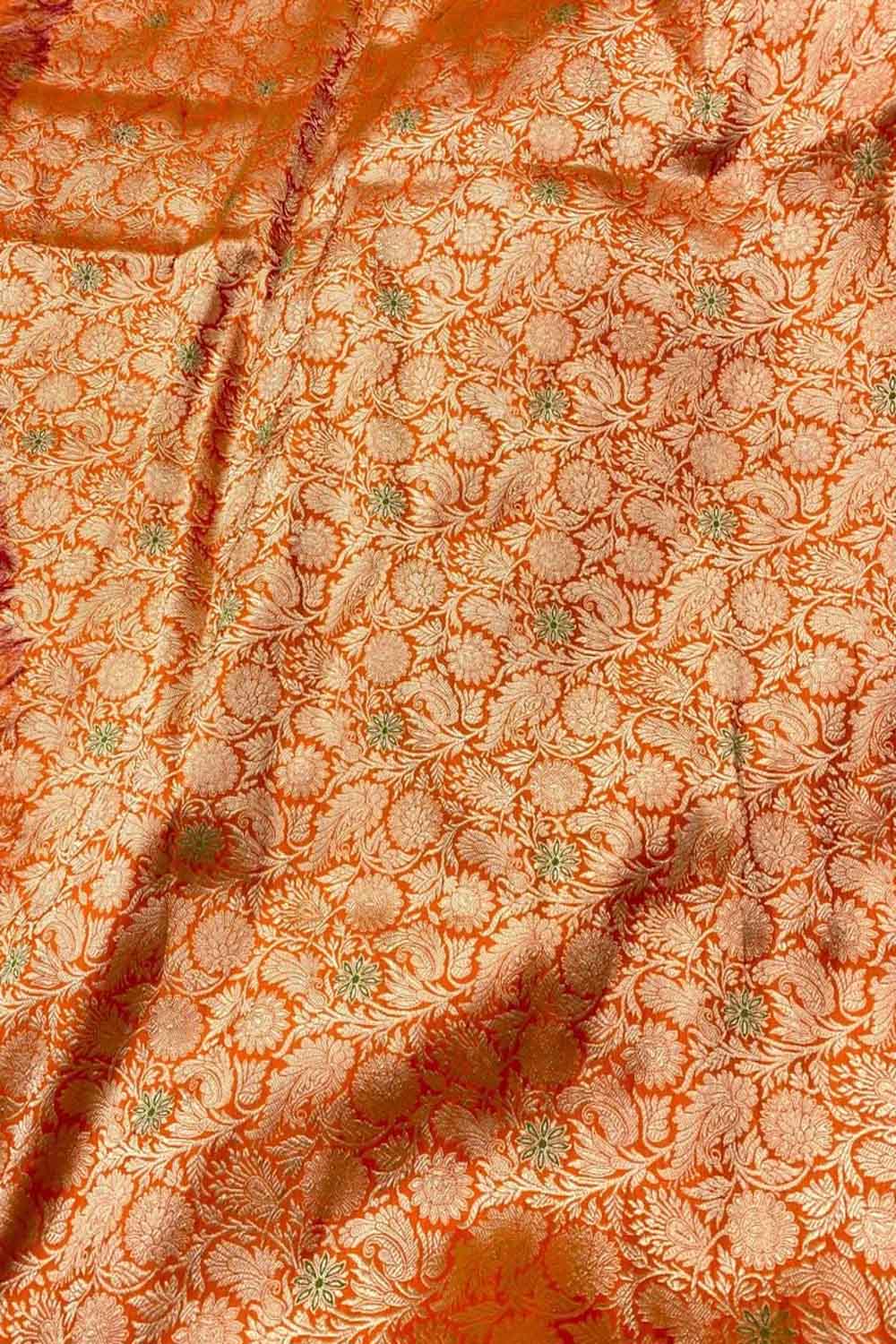 Exquisite Orange Banarasi Meenakari Pure Katan Silk Brocade Fabric ( 5 Mtr ) - Luxurion World