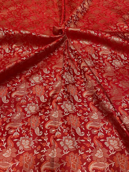 Luxurious Red Banarasi Jamawar Resham Tanchui Silk Fabric ( 2.5 Mtr ) - Luxurion World