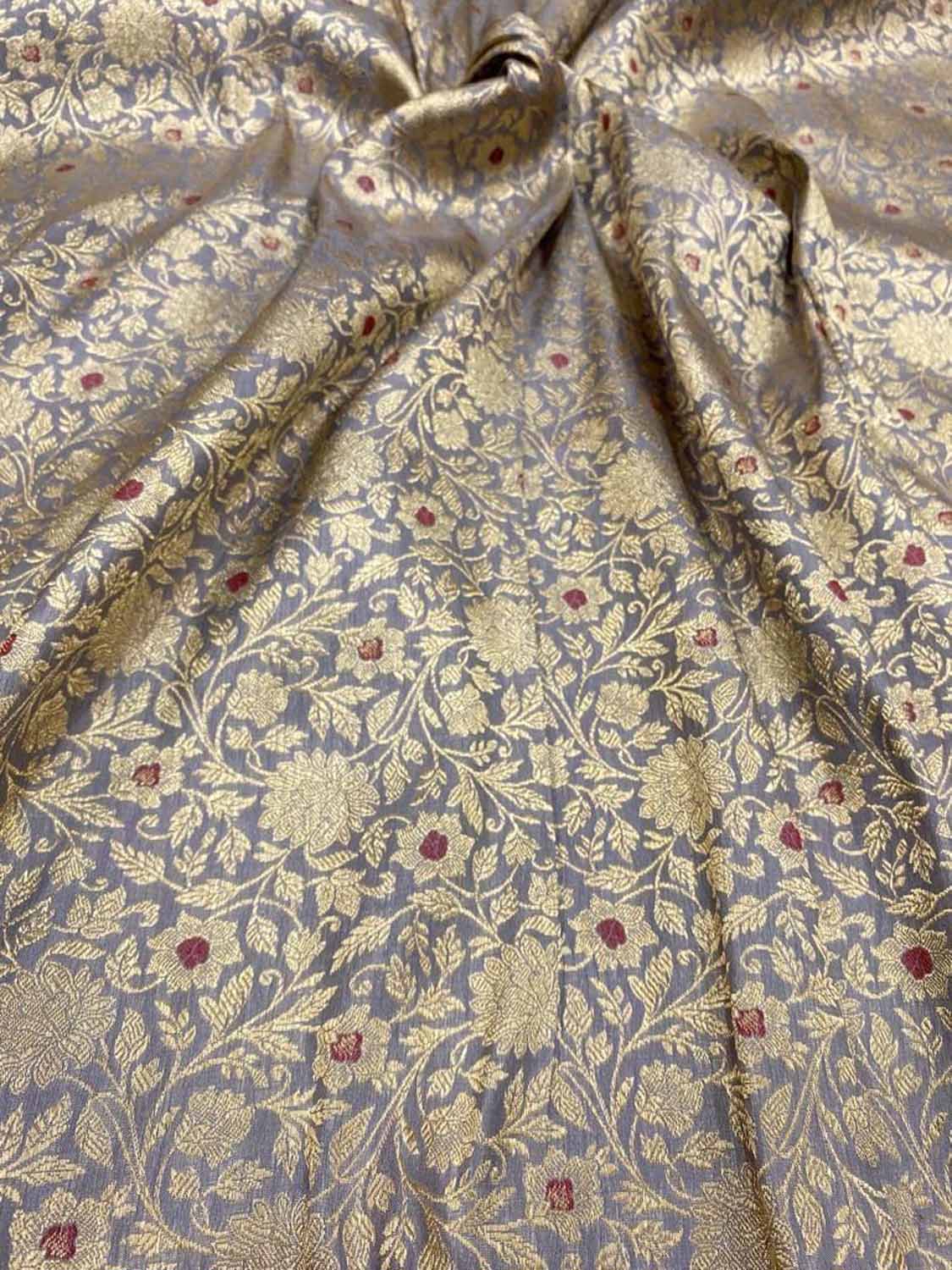 Elegant Grey Handloom Banarasi Pure Katan Silk Brocade Meenakari Double Zari Fabric ( 2.5 Mtr ) - Luxurion World