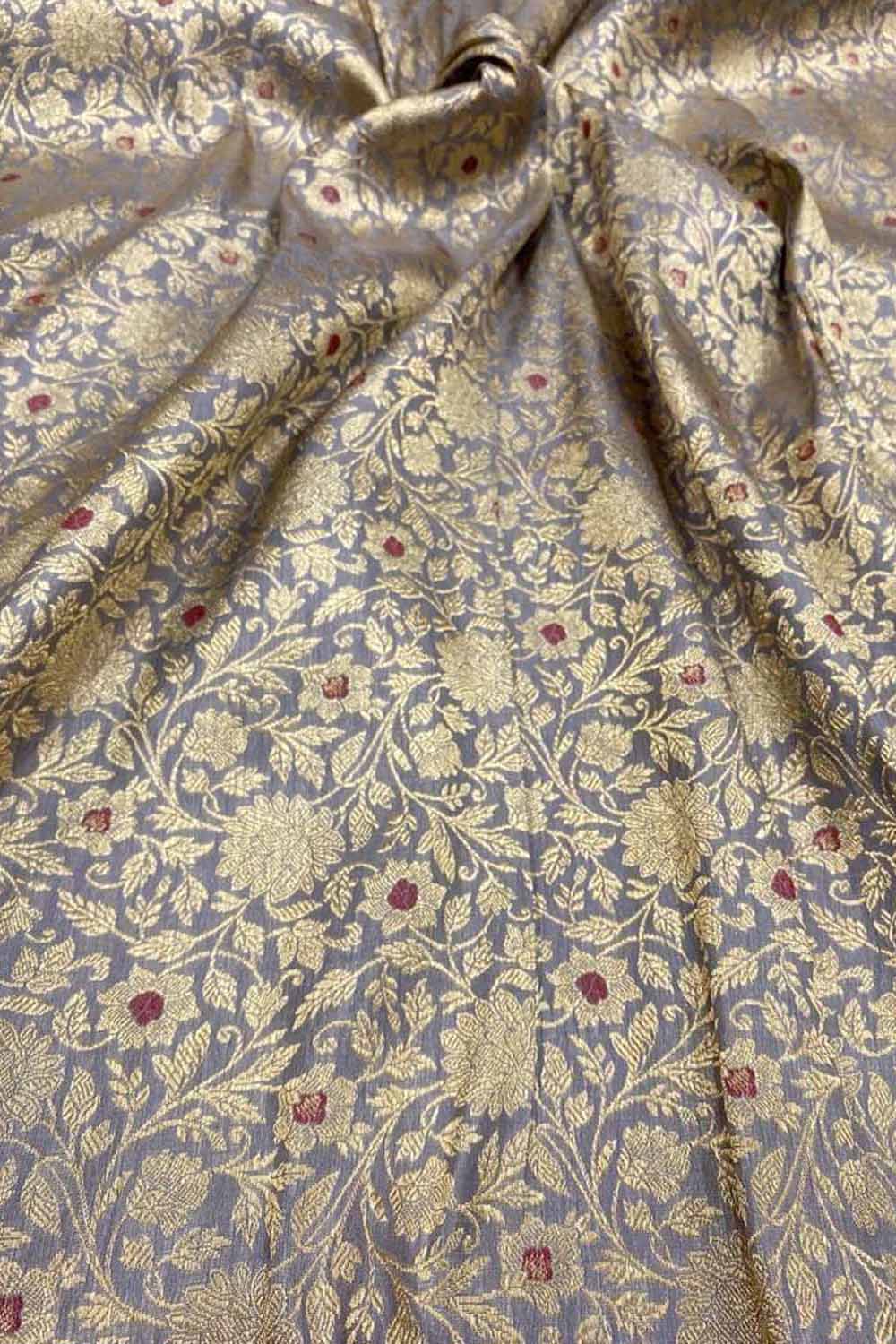 Elegant Grey Handloom Banarasi Pure Katan Silk Brocade Meenakari Double Zari Fabric ( 2.5 Mtr ) - Luxurion World