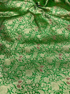 Luxurious Green Handloom Banarasi Pure Katan Silk Brocade Meenakari Double Zari Fabric ( 2.5 Mtr ) - Luxurion World