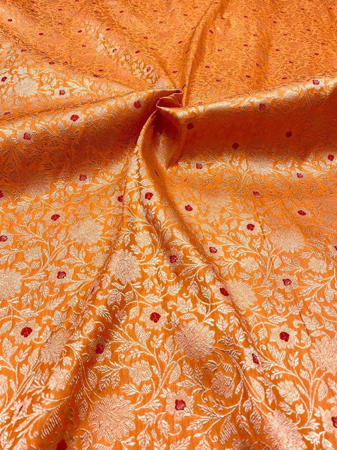 Luxurious Orange Handloom Banarasi Pure Katan Silk Brocade Meenakari Double Zari Fabric ( 2.5 Mtr ) - Luxurion World