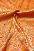 Luxurious Orange Handloom Banarasi Pure Katan Silk Brocade Meenakari Double Zari Fabric ( 2.5 Mtr ) - Luxurion World