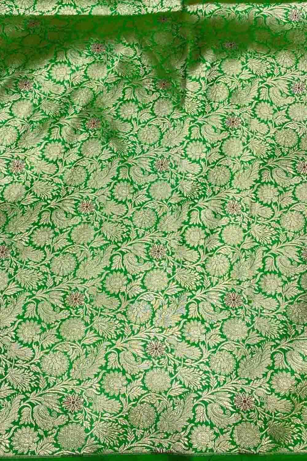 Green Handloom Banarasi Pure Katan Silk Brocade Meenakari Double Zari Fabric ( 2.5 Mtr ) - Luxurion World