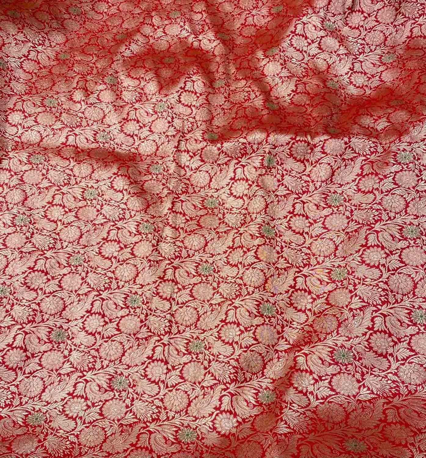 Luxurious Red Handloom Banarasi Pure Katan Silk Brocade Meenakari Double Zari Fabric ( 2.5 Mtr ) - Luxurion World