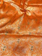 Luxurious Orange Handloom Banarasi Pure Katan Silk Brocade Meenakari Double Zari Fabric ( 2.5 Mtr ) - Luxurion World