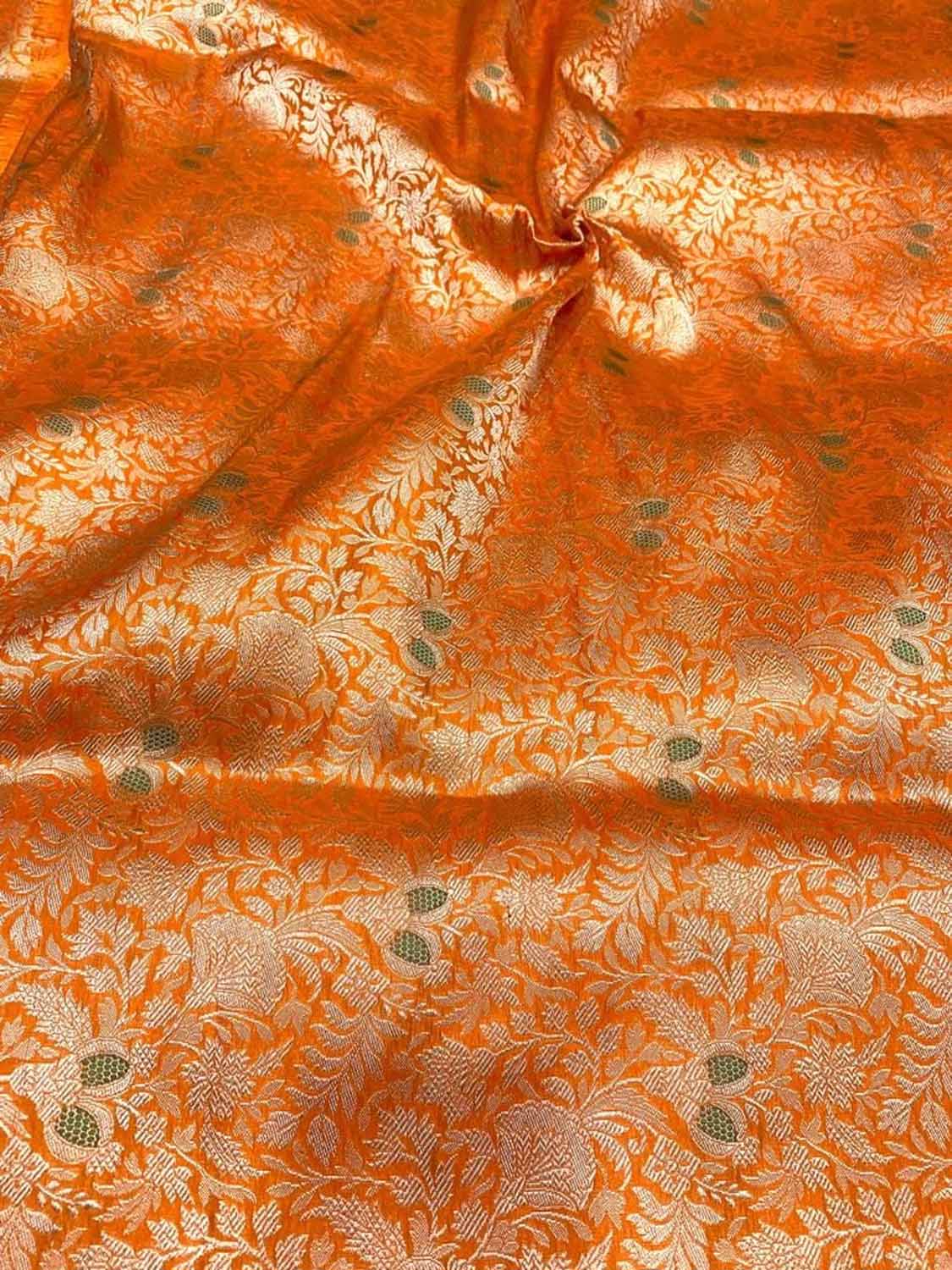 Luxurious Orange Handloom Banarasi Pure Katan Silk Brocade Meenakari Double Zari Fabric ( 2.5 Mtr ) - Luxurion World