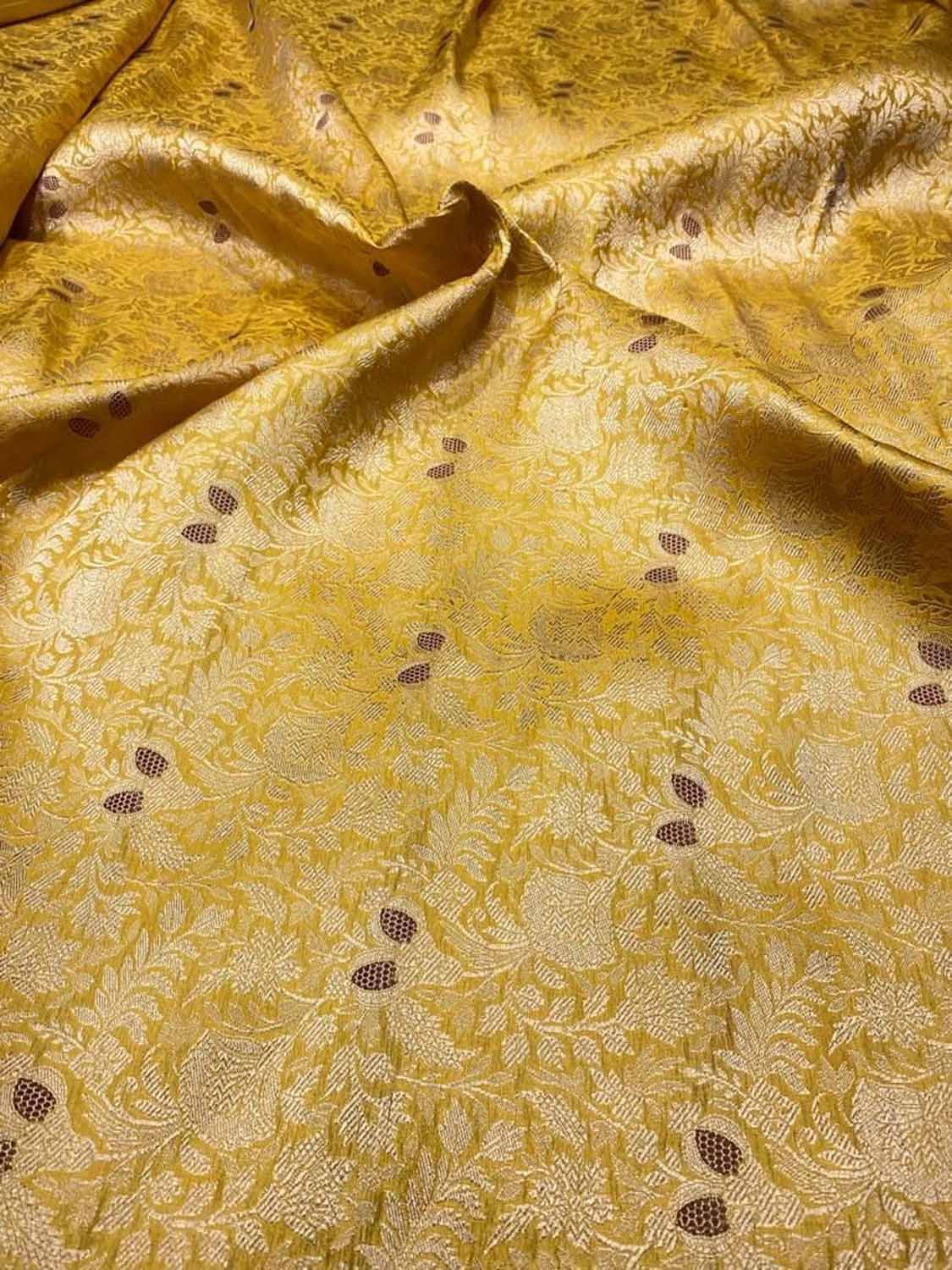 Luxurious Yellow Handloom Banarasi Pure Katan Silk Brocade Meenakari Double Zari Fabric ( 2.5 Mtr ) - Luxurion World