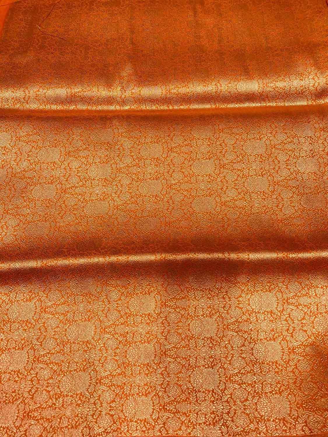 Luxurious Orange Handloom Banarasi Pure Katan Silk Brocade Double Zari Fabric ( 2.5 Mtr ) - Luxurion World