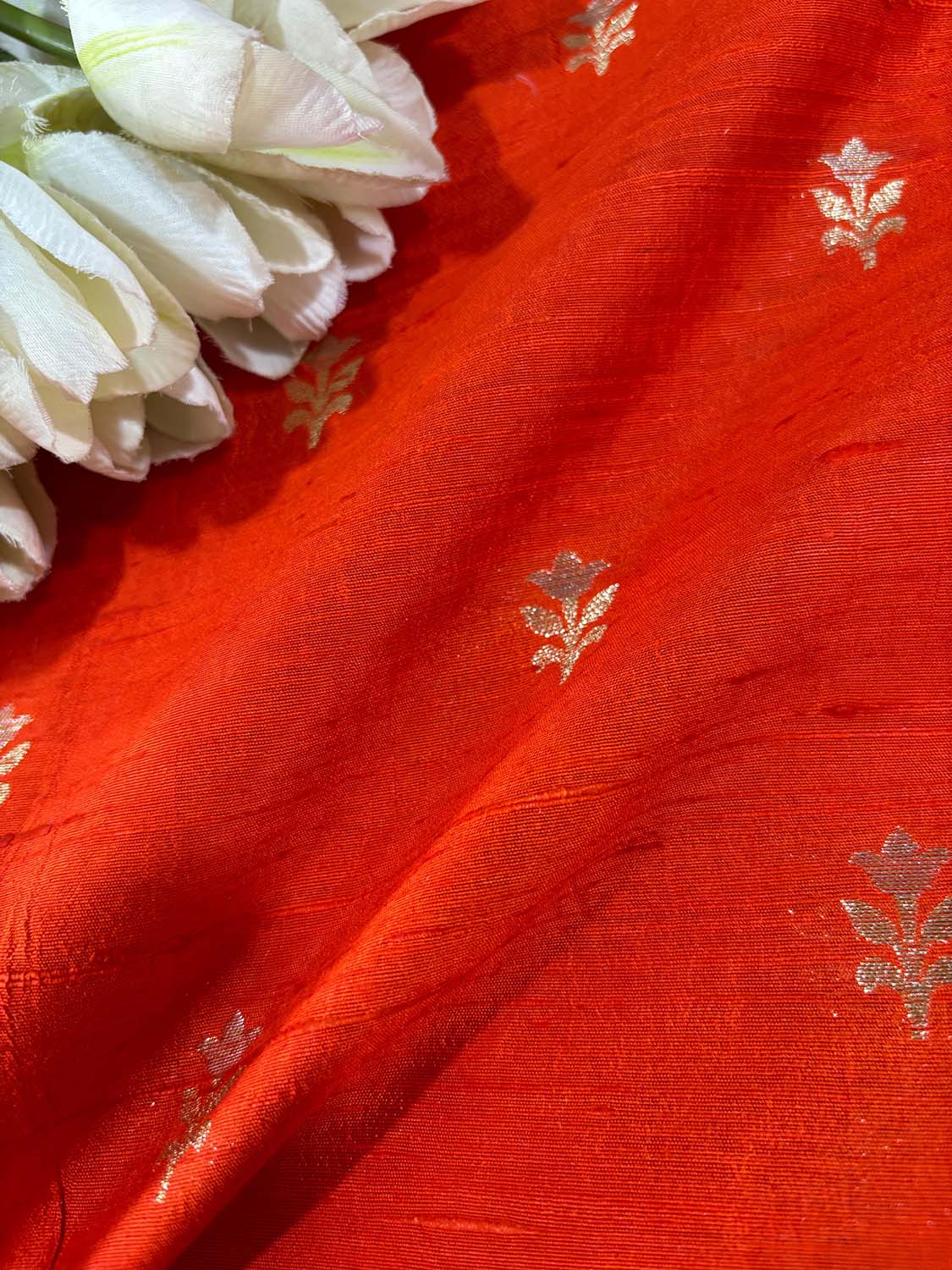 Orange Banarasi Raw Silk Fabric ( 2.5 Mtr ) - Luxurion World