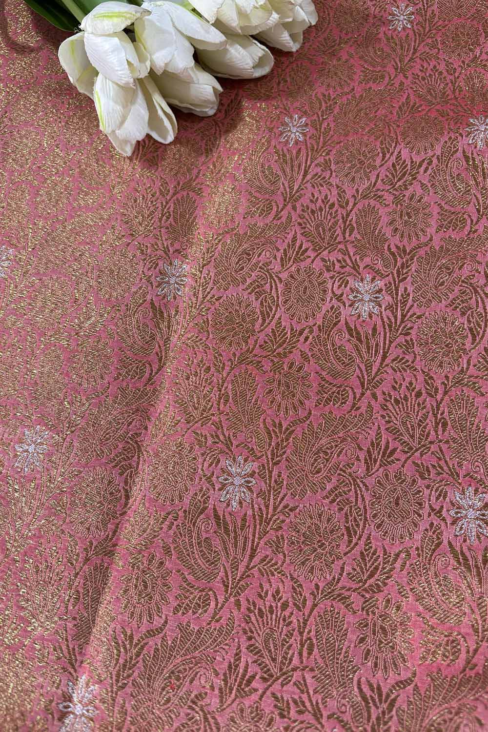 Elegant Peach Banarasi Silk Antique Zari Fabric ( 2.5 Mtr ) - Luxurion World