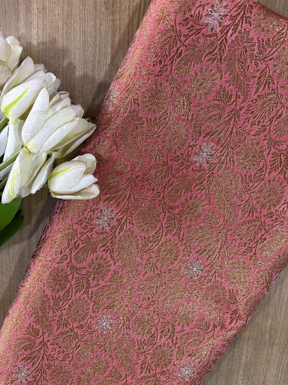 Elegant Peach Banarasi Silk Antique Zari Fabric ( 2.5 Mtr ) - Luxurion World