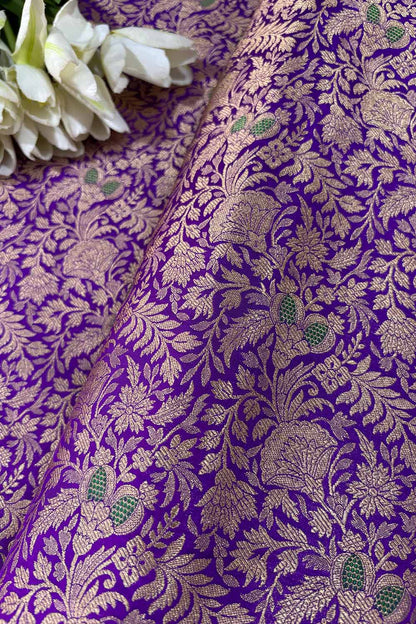 Elegant Purple Banarasi Pure Katan Silk Flower Design Fabric ( 2.5 Mtr ) - Luxurion World