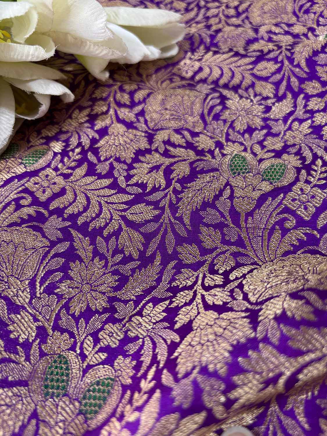 Elegant Purple Banarasi Pure Katan Silk Flower Design Fabric ( 2.5 Mtr ) - Luxurion World