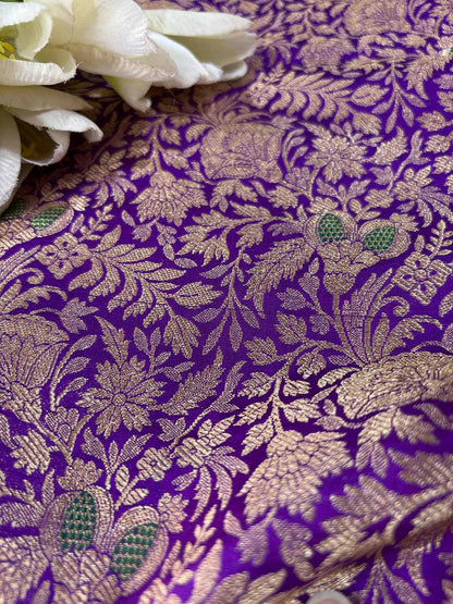 Elegant Purple Banarasi Pure Katan Silk Flower Design Fabric ( 2.5 Mtr ) - Luxurion World