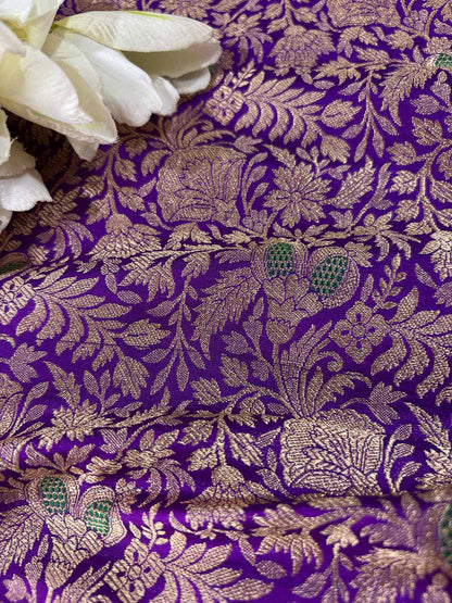 Elegant Purple Banarasi Pure Katan Silk Flower Design Fabric ( 2.5 Mtr ) - Luxurion World