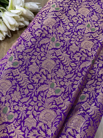 Elegant Purple Banarasi Pure Katan Silk Flower Design Fabric ( 2.5 Mtr ) - Luxurion World