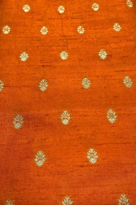 Orange Banarasi Pure Raw Silk Fabric ( 2.5 Mtrs ) - Luxurion World