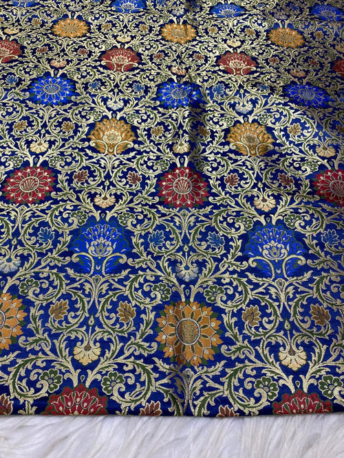 Blue Handloom Banarasi Kimkhwab Silk Meenakari Flower Design Fabric ( 1 Mtr ) - Luxurion World