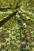 Green Handloom Banarasi Kimkhwab Silk Meenakari Flower Design Fabric ( 1 Mtr ) - Luxurion World