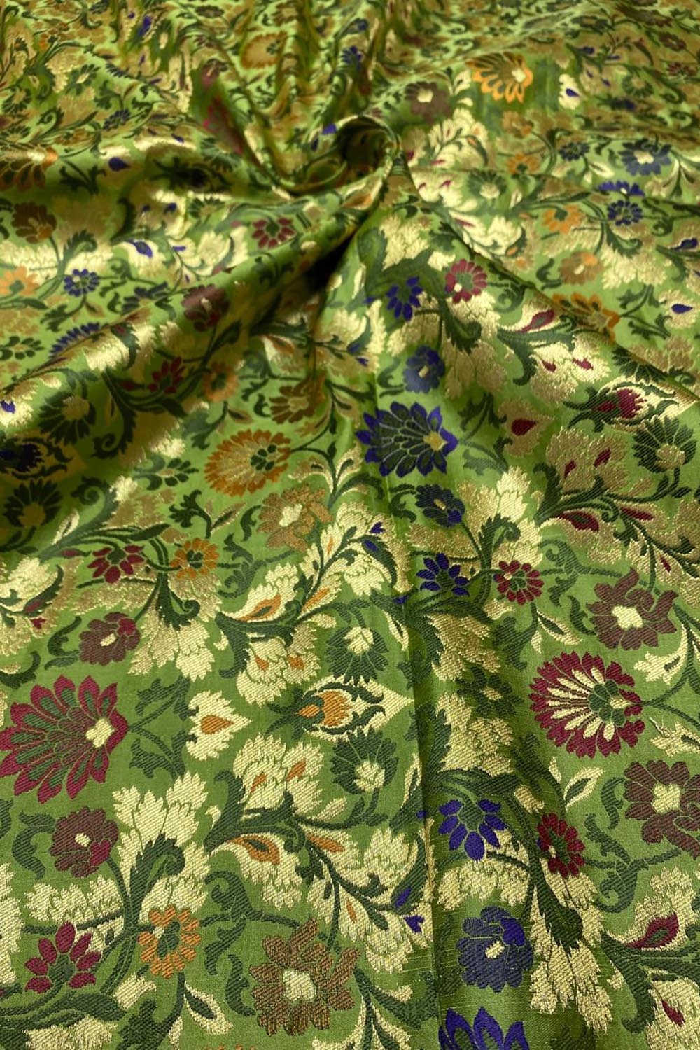 Green Handloom Banarasi Kimkhwab Silk Meenakari Flower Design Fabric ( 1 Mtr ) - Luxurion World