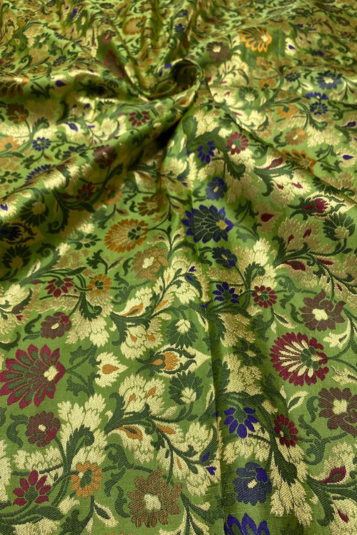 Green Handloom Banarasi Kimkhwab Silk Meenakari Flower Design Fabric ( 1 Mtr ) - Luxurion World