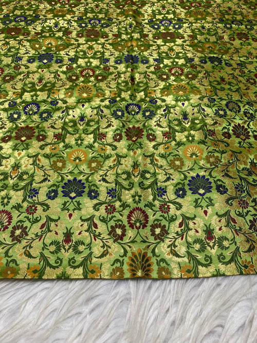 Green Handloom Banarasi Kimkhwab Silk Meenakari Flower Design Fabric ( 1 Mtr ) - Luxurion World