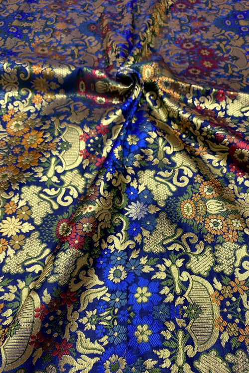 Blue Handloom Banarasi Kimkhwab Silk Meenakari Flower Design Fabric ( 1 Mtr ) - Luxurion World