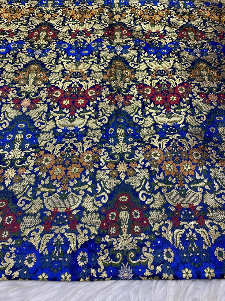 Blue Handloom Banarasi Kimkhwab Silk Meenakari Flower Design Fabric ( 1 Mtr ) - Luxurion World