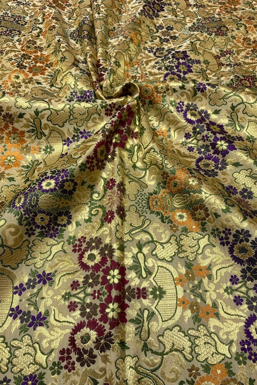 Exquisite Golden Handloom Banarasi Kimkhwab Silk Meenakari Flower Design Fabric ( 1 Mtr ) - Luxurion World