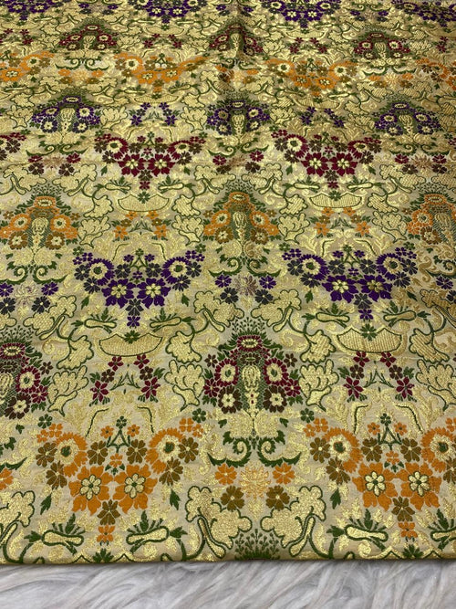 Exquisite Golden Handloom Banarasi Kimkhwab Silk Meenakari Flower Design Fabric ( 1 Mtr ) - Luxurion World