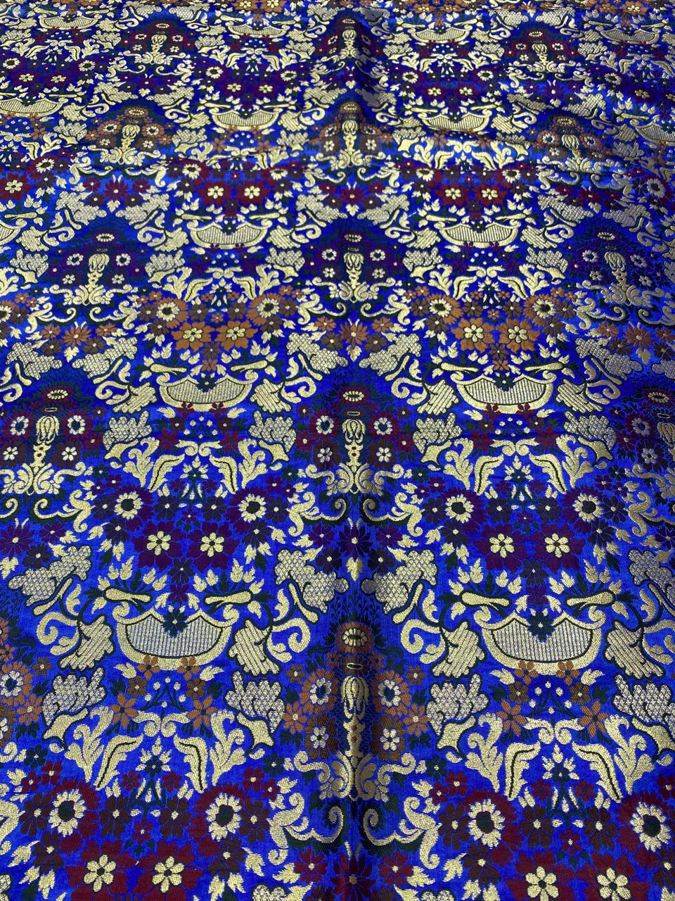 Blue Handloom Banarasi Kimkhwab Silk Meenakari Flower Design Fabric ( 1 Mtr ) - Luxurion World