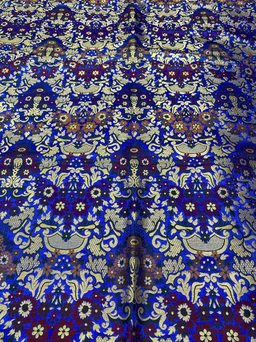 Blue Handloom Banarasi Kimkhwab Silk Meenakari Flower Design Fabric ( 1 Mtr ) - Luxurion World
