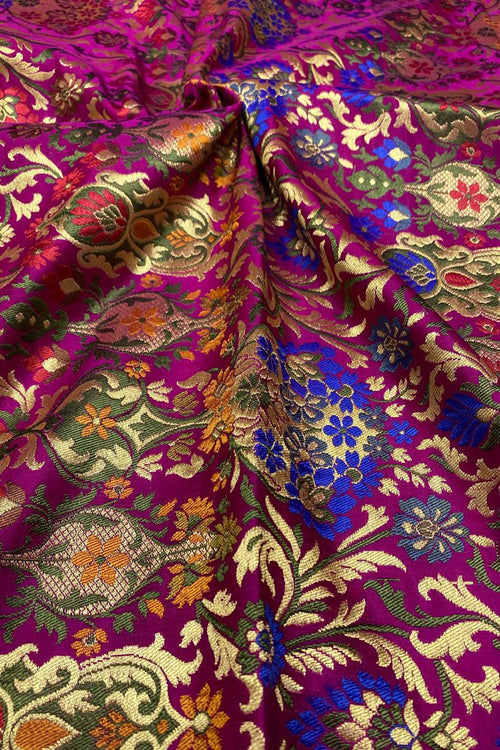 Pink Handloom Banarasi Kimkhwab Silk Meenakari Flower Design Fabric ( 1 Mtr ) - Luxurion World