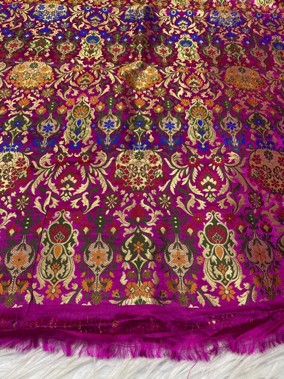 Pink Handloom Banarasi Kimkhwab Silk Meenakari Flower Design Fabric ( 1 Mtr ) - Luxurion World