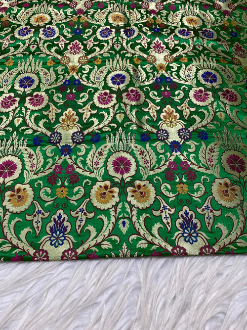 Green Handloom Banarasi Kimkhwab Silk Meenakari Flower Design Fabric ( 1 Mtr ) - Luxurion World
