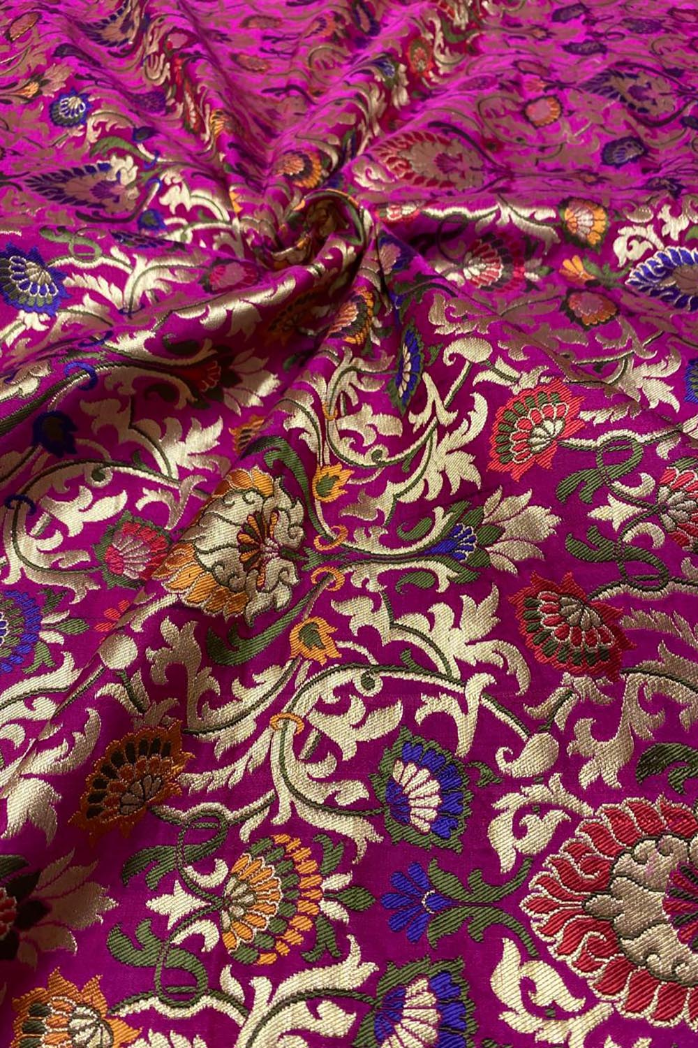 Pink Handloom Banarasi Kimkhwab Silk Meenakari Flower Design Fabric ( 1 Mtr ) - Luxurion World