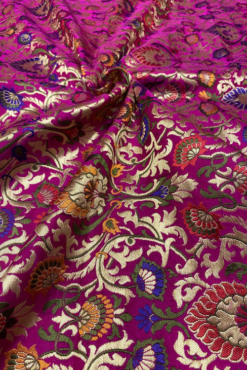Pink Handloom Banarasi Kimkhwab Silk Meenakari Flower Design Fabric ( 1 Mtr ) - Luxurion World