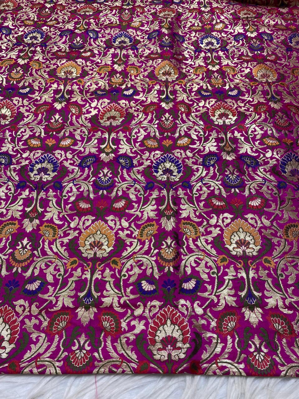 Pink Handloom Banarasi Kimkhwab Silk Meenakari Flower Design Fabric ( 1 Mtr ) - Luxurion World