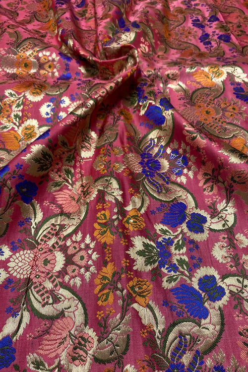Pink Handloom Banarasi Kimkhwab Silk Meenakari Flower Design Fabric ( 1 Mtr ) - Luxurion World