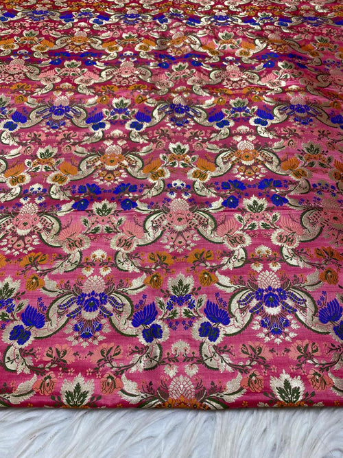 Pink Handloom Banarasi Kimkhwab Silk Meenakari Flower Design Fabric ( 1 Mtr ) - Luxurion World