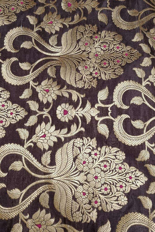 Brown Pink Handloom Banarasi Silk Meenakari Flower Design Fabric ( 2.5 Mtr ) - Luxurion World