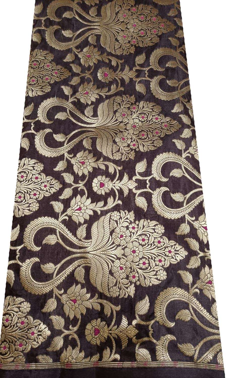 Brown Pink Handloom Banarasi Silk Meenakari Flower Design Fabric ( 2.5 Mtr ) - Luxurion World