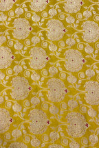 Yellow Pink Handloom Banarasi Silk Meenakari Flower Design Fabric ( 2.5 Mtr ) - Luxurion World