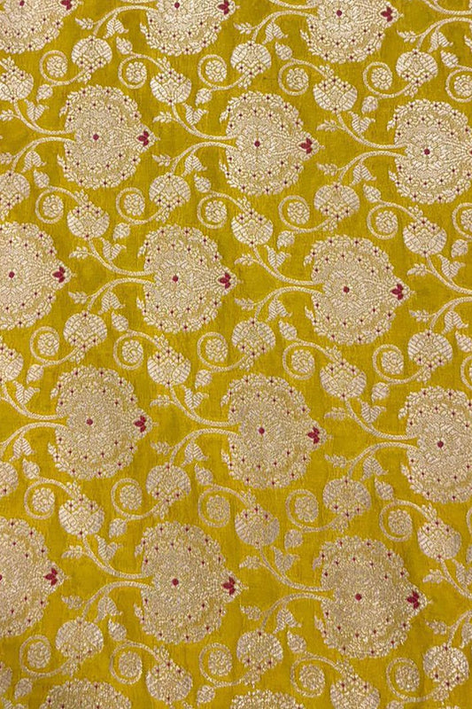 Yellow Pink Handloom Banarasi Silk Meenakari Flower Design Fabric ( 2.5 Mtr ) - Luxurion World