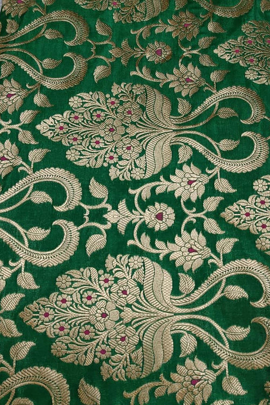 Green Handloom Banarasi Silk Meenakari Flower Design Fabric ( 2.5 Mtr ) - Luxurion World