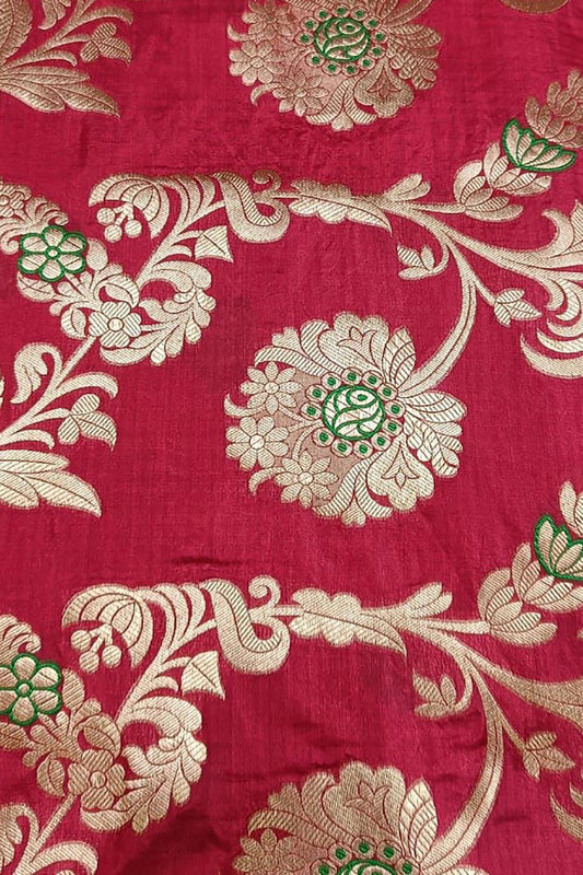 Red Handloom Banarasi Silk Meenakari Flower Design Fabric ( 2.5 Mtr ) - Luxurion World