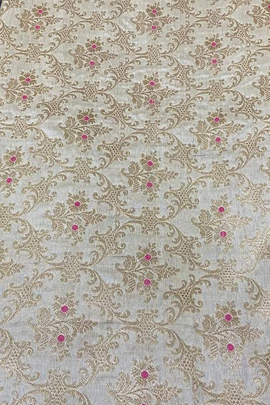 Elegant White Handloom Banarasi Silk Meenakari Flower Design Fabric ( 2.5 Mtr ) - Luxurion World